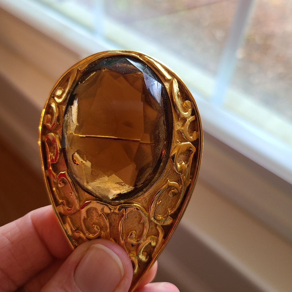 Vintage Signed Tancer Ii Large Teardrop Brooch - Gold-Tone Baroque Scrollwork